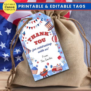 Etiqueta de regalo editable del 4 de julio, imprimible, con texto en rojo, blanco y azul, para el Día de la Independencia Patriótica, plantilla de Canva + descarga instantánea imprimible