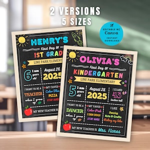 Bewerkbaar sjabloon voor een 'Eerste Schooldag'-bordje op Canva – Schoolbordontwerp, roze en blauw, printbaar, fotorekwisiet voor kinderen. Herbruikbaar.
