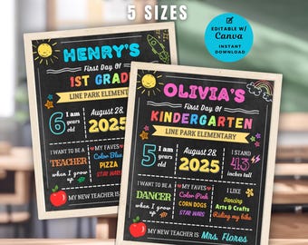Editable First Day of School Sign Canva Template – Chalkboard Design Pink & Blue Printable Back to School Sign Photo Prop for Kids Reusable