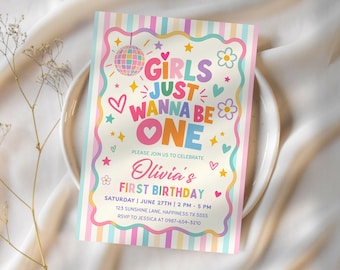 Girls Just Wanna Be One Birthday Invitation Girl 1st Birthday Invite Retro Colorful First Birthday Groovy  Editable Canva Template GJ02