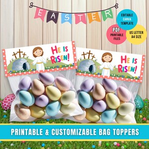 He Is Risen Easter Treat Bag Topper-Printable Easter Basket Bag Tag, Religious Favor Tag Church School Christianity Easter Personal Tag