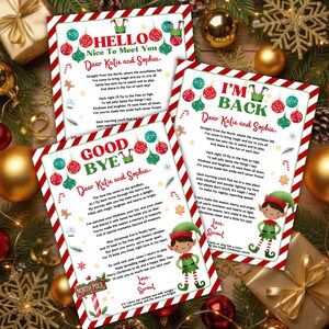 Peut inclure: Trois cartes sur le thème de Noël avec des bordures à rayures rouges et blanches, présentant des illustrations festives et du texte. Les cartes disent "Bonjour", "Je suis de retour" et "Au revoir", adressées à "Katie et Sophia", avec un mignon personnage d'elfe.