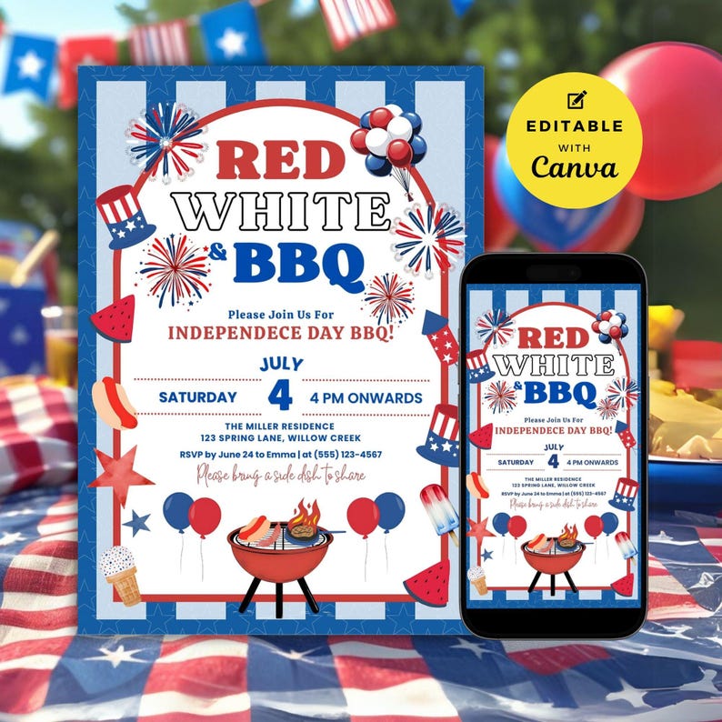 Editable 4th of July BBQ Invitation -- Red White & BBQ Independence Day ...