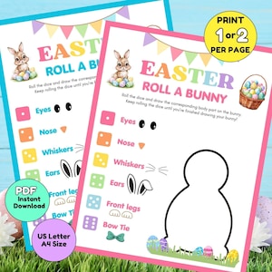 Jogo de dados Easter Roll A Bunny para impressão, atividade divertida para a família, para crianças e adultos, download instantâneo em PDF, carta dos EUA, jogo de festa de Páscoa em sala de aula A4