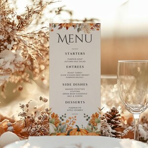 Editable Thanksgiving Party Menu Template, Customizable & Printable Autumn Friendsgiving Dinner Menu Canva Template for Easy Holiday Hosting