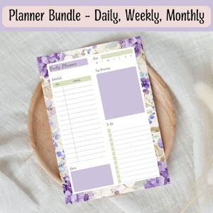 Druckbares Blumen-Planer-Bundle - Digital täglich Wöchentlich Monatlich Lila Stationär A4 US Letter A5 Herunterladbare Planer Ausfüllbarer Planer