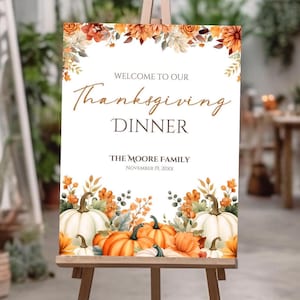 Editable Thanksgiving Welcome Sign Printable Friendsgiving Dinner Sign Autumn Floral Pumpkin Decor, Digital Download Thanksgiving Party Sign