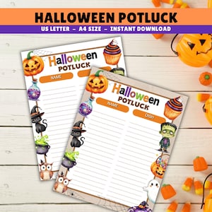 May include: Two Halloween Potluck printable sheets with orange pumpkin and spooky character illustrations. The sheets have space for names and dishes, with the text "Halloween Potluck" at the top. The sheets are US Letter and A4 size.