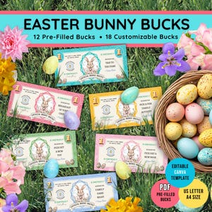 Cupones de recompensa imprimibles y personalizables de Easter Bunny Bucks para niños, canastas de Pascua, relleno de huevos de Pascua, PDF + plantilla editable de Canva