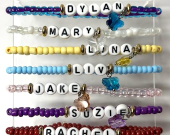 custom name beaded bracelet with butterfly charm, custom name friendship bracelet, personalized name beaded bracelet with charm