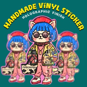 Sticker en vinyle holographique fait main chat fashionista pour journal, téléphone, ordinateur portable, bouteille d'eau | Mode streetwear mignonne | cadeau pour amoureux des chats