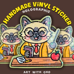 Sticker chat professeur - Sticker vinyle fait main pour professeur, cadeau pour amoureux des chats, papeterie, journal intime, ordinateur portable, bouteille d'eau, sticker professionnel