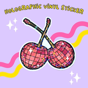 Sticker fruit boules disco cerises - Sticker en vinyle holographique fait main mignon pour elle, ordinateur portable, bouteille d'eau, journal intime, téléphone, paillettes, cerise