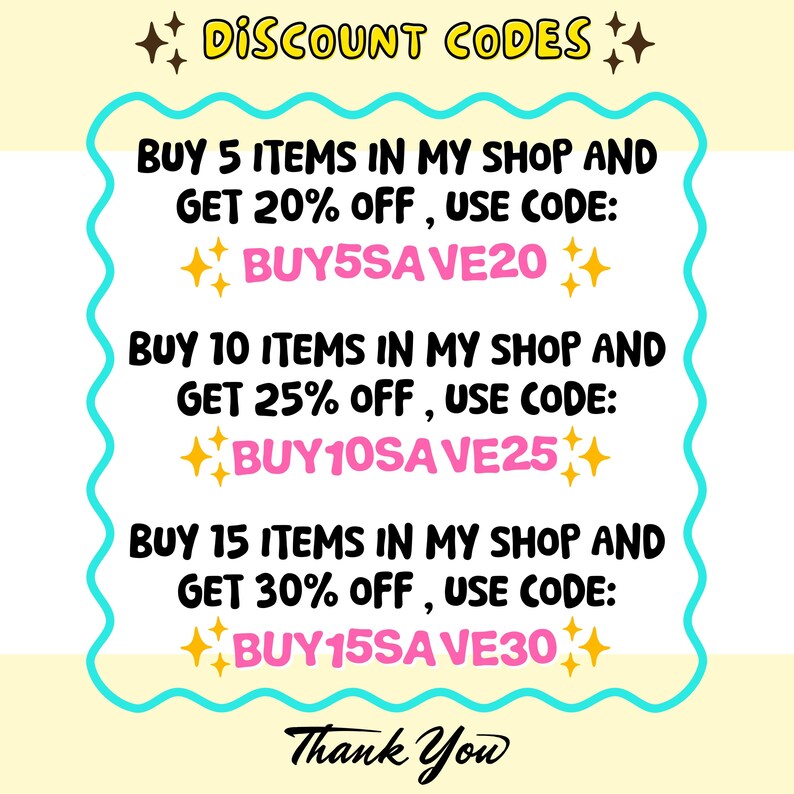K&ouml;nnte beinhalten: Eine Werbegrafik mit dem Text &bdquo;Discount Codes&ldquo; oben. Sie listet Rabattangebote auf: Kaufen Sie 5 Artikel, erhalten Sie 20 % Rabatt (Code: BUY5SAVE20); Kaufen Sie 10 Artikel, erhalten Sie 25 % Rabatt (Code: BUY10SAVE25); Kaufen Sie 15 Artikel, erhalten Sie 30 % Rabatt (Code: BUY15SAVE30).