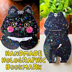 Black Cat Bookmark: Handmade Holographic Star Reader Gift