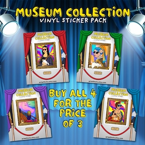 Adesivos de vinil fosco inspirados em museus feitos à mão, compre 4 pelo preço de 3. Presente para amantes de museus, adesivos de pinturas famosas para laptop, garrafa de água