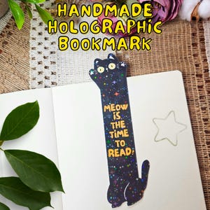 Holographic Cat Bookmark: Handmade Kawaii Stationery Gift