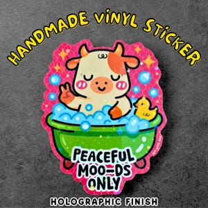 Vache d'humeur pacifique - Sticker vinyle fait main positivité bonnes vibrations - Sticker affirmation pour journal, téléphone, ordinateur portable, bouteille d'eau, vache mignonne
