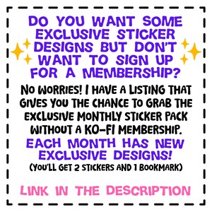 K&ouml;nnte beinhalten: Ein wei&szlig;es Quadrat mit gestrichelter Umrandung enth&auml;lt Text in verschiedenen Farben. Der Text lautet: "DO YOU WANT SOME EXCLUSIVE STICKER DESIGNS BUT DON'T WANT TO SIGN UP FOR A MEMBERSHIP?" und mehr. Der Text wirbt f&uuml;r exklusive Sticker-Designs.