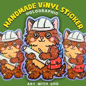 Sticker chat architecte - Sticker vinyle fait main pour architecte, ingénieur, bâtiment, cadeau pour amoureux des chats, papeterie, ordinateur portable, bouteille d'eau