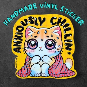 Autocollant en vinyle fait main chat anxieux, autocollant Kawaii sur le thème de l'anxiété, autocollant dessin animé mignon pour ordinateur portable, bouteille d'eau, journal