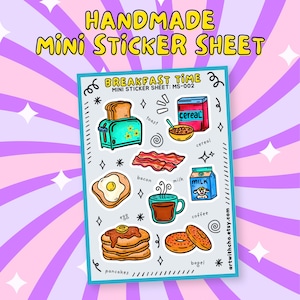 Mini feuille d'autocollants en vinyle pour petit-déjeuner fait main | Adorables autocollants alimentaires brillants pour journaux, téléphone, ordinateurs portables. Cadeau pour amateur de gastronomie | Heure du petit-déjeuner
