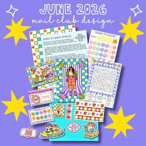 May include: A collection of stationery items including a letter, habit tracker, word search, membership card, and various stickers featuring colourful illustrations of cats, flowers, and a person, all labelled with the text JUNE 2026 mail club design.