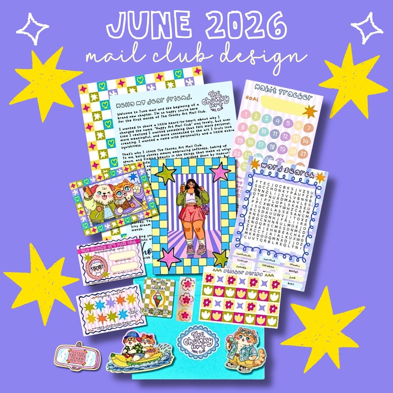 May include: A collection of stationery items including a letter, habit tracker, word search, membership card, and various stickers featuring colourful illustrations of cats, flowers, and a person, all labelled with the text JUNE 2026 mail club design.