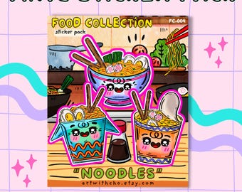 Paquete de pegatinas de fideos: pegatinas de ramen de vinilo mate hechas a mano