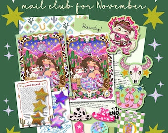 Könnte beinhalten: Ein Schreibwaren-Set mit dem Titel THE CHONKY ART mail club for November, bestehend aus Illustrationen von Cowgirl und Katze, Aufklebern von Katze, Kuhschädel, Hufeisen und Sternen, einem Wortsuchrätsel sowie einer Treuekarte.