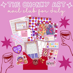 May include: A collection of stationery items including a red envelope with a wax seal, a word search puzzle, stickers, and art prints featuring cartoon animals and wine themes. The text reads THE CHONKY ART mail club for July, Thick Thighs Fine Wines, and It's Rough Out Here.