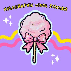 Adesivo de algodão doce coquete - Adesivo de vinil holográfico fofo feito à mão para ela, laptop, garrafa de água, diário, telefone, glitter, doces