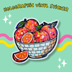 Sticker fruit boule disco, bol d'oranges, autocollant en vinyle holographique fait main mignon pour elle, ordinateur portable, bouteille d'eau, journal intime, téléphone, paillettes