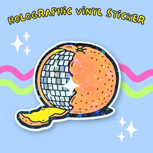 Sticker fruit boule disco écorce orange - joli sticker holographique en vinyle fait main pour elle, ordinateur portable, bouteille d'eau, journal intime, téléphone, paillettes, discothèque