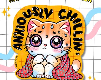 Anxiety Cat Vinyl Sticker: Kawaii Cartoon für Laptop, Wasserflasche und Wasserflasche
