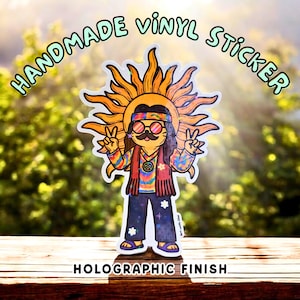 Chat hippie - Sticker vinyle fait main positivité bonnes vibrations - Sticker effet rétro pour journal, téléphone, ordinateur portable, bouteille d'eau, Peace and Love Vibe