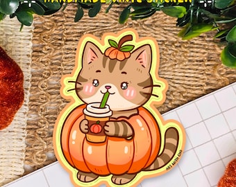 Pumpkin Latte Kitty Sticker: Fall Tabby Cat Vinyl Sticker for Laptop, Water bottle, Journal