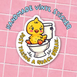 Toilet Break schattige eend handgemaakte vinylsticker, grappige kawaii illustratiesticker, schattige cartoonsticker voor laptop, waterfles, dagboek