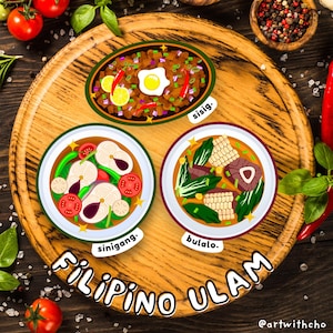 Op Filipijns geïnspireerde Ulam-voedselstickerset 3 stuks | sisig | sinigang | Matte vinylstickers van bulalo | Waterbestendige stickers | Trotse Pinoy