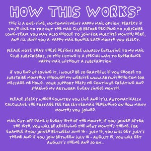 May include: A purple informational graphic with white text titled HOW THIS WORKS? explaining a one-time mail option, subscription details, website link www.artwithcho.com, postage calculation instructions, and the monthly mail cut-off date of the 15th.