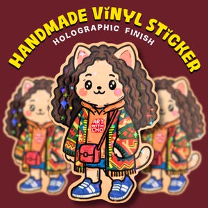Autocollant en vinyle holographique fait main avec un chat fashionista de style urbain pour journal, téléphone, ordinateur portable, bouteille d'eau | Chat aux cheveux bouclés | cadeau pour amoureux des chats