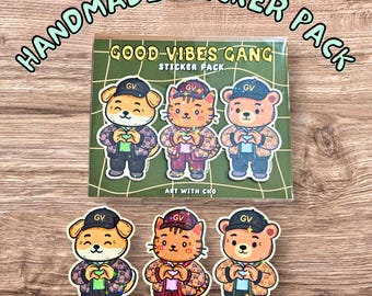 Good Vibes Gang Sticker Pack - Holographischer Bär, Katze, Hund (Handmade)