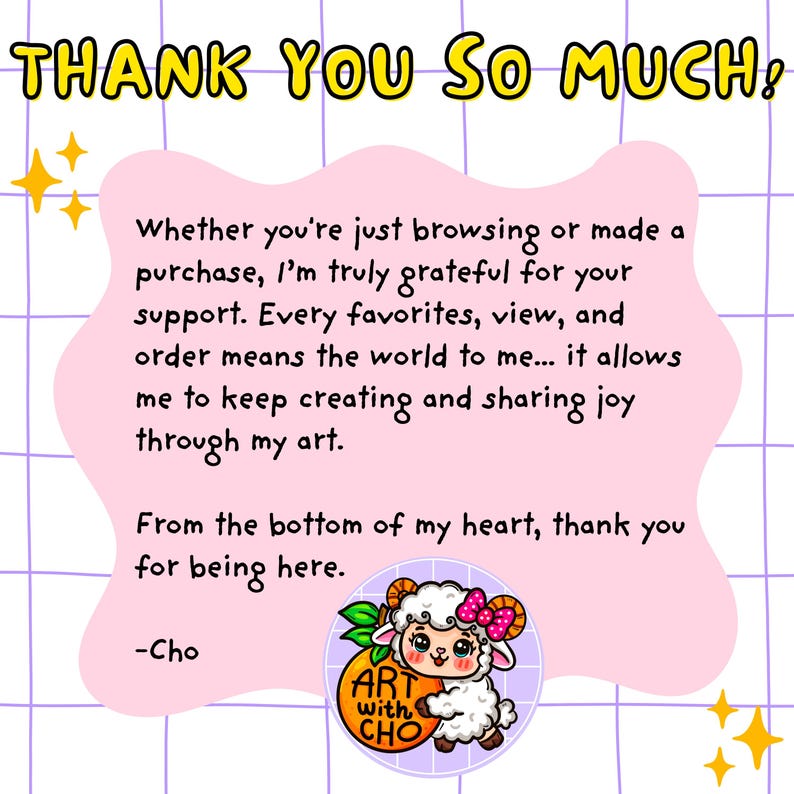 K&ouml;nnte beinhalten: Digitale Kunstgrafik mit dem Text "THANK YOU SO MUCH!" in Gelb. Eine rosa Sprechblase enth&auml;lt eine Dankesbotschaft und ein Cartoon-Schaf mit einer rosa Schleife. Die Kunst befindet sich auf einem Rasterhintergrund.