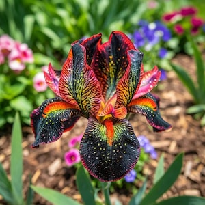 May include: A close-up of a vibrant iris flower with petals in shades of black, red, yellow, and orange. The flower has a unique pattern with speckled details and is surrounded by green foliage and other colorful flowers in a garden setting.