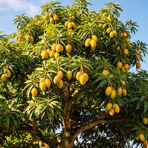 Könnte beinhalten: Ein üppiger Mangobaum, beladen mit reifen, gelben Mangos, die an grünen, belaubten Zweigen hängen. Der braune Stamm und die Äste des Baumes stehen im Kontrast zum blauen Himmel und zeigen eine reiche Ernte.