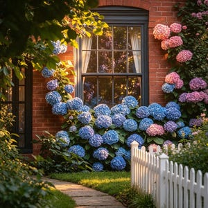Pode incluir: Uma fachada de tijolos vermelhos com uma janela de moldura escura rodeada por arbustos de hortênsias azuis e cor-de-rosa. Uma cerca branca percorre o jardim e um caminho de pedra conduz à casa sob uma luz solar suave.