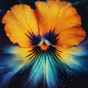 Könnte beinhalten: Nahaufnahme einer Stiefmütterchenblüte mit orangefarbenen Blütenblättern, die in Gelb und Blau übergehen. Wassertropfen glänzen auf den Blütenblättern und heben die feinen Details und Texturen der Blume hervor.