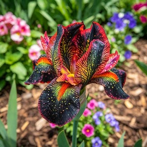 May include: A close-up of a vibrant iris flower with petals in shades of red, black, yellow, and orange. The flower has a speckled pattern and is surrounded by green foliage and other colorful flowers in a garden setting.