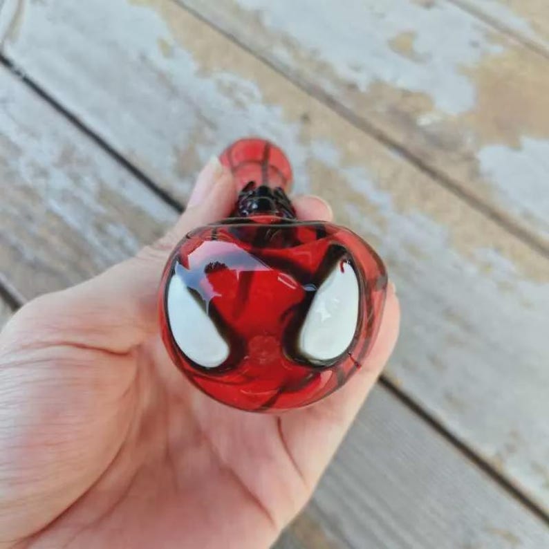 Spider-Man Handmade Glass Art Ornament Pipe, Red and Blue Web Hero Miniature Sculpture, Superhero Inspired Glass Figurine, Unique Gift Boy image 2