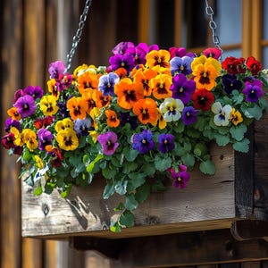 Può includere: Una fioriera sospesa in legno traboccante di vivaci viole del pensiero. I fiori mostrano uno spettro di colori, tra cui viola, arancione, giallo, rosso e bianco, con centri scuri. La fioriera è sospesa da una catena di metallo, creando un'affascinante esposizione floreale.
